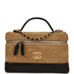 Chanel Coco Base Top Handle Long Vanity Case with Chain Brown Suede and Black Shiny Lambskin Antique Gold Hardware