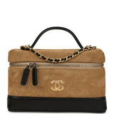 Chanel Coco Base Top Handle Long Vanity Case with Chain Brown Suede and Black Shiny Lambskin Antique Gold Hardware - Thumbnail View 1