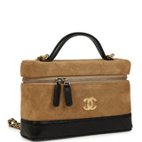 Chanel Coco Base Top Handle Long Vanity Case with Chain Brown Suede and Black Shiny Lambskin Antique Gold Hardware - Thumbnail View 2