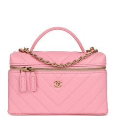 Chanel Chevron Top Handle Long Vanity Case with Chain Pink Shiny Caviar Gold Hardware