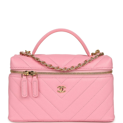 Chanel Sleek Chevron Top Handle Long Vanity Case with Chain Pink Shiny Caviar Gold Hardware