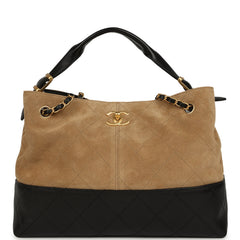Chanel Small Coco Base Hobo Bag Brown Suede and Black Shiny Lambskin Brushed Gold Hardware