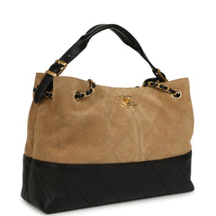 Chanel Small Coco Base Hobo Bag Brown Suede and Black Shiny Lambskin Brushed Gold Hardware
