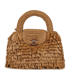 Chanel Small Fringe Kelly Dark Beige Raffia Wood and Light Gold Hardware