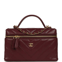 Chanel Chevron Top Handle Long Vanity Case with Chain Dark Burgundy Shiny Caviar Gold Hardware