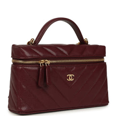 Chanel Chevron Top Handle Long Vanity Case with Chain Dark Burgundy Shiny Caviar Gold Hardware