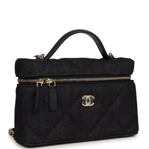 Chanel Top Handle Long Vanity Case with Chain Dark Blue Denim Light Gold Hardware