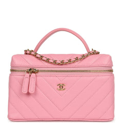 Chanel Sleek Chevron Top Handle Long Vanity Case with Chain Pink Shiny Caviar Gold Hardware