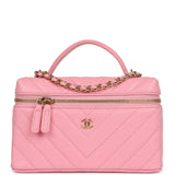 Chanel Sleek Chevron Top Handle Long Vanity Case with Chain Pink Shiny Caviar Gold Hardware - Thumbnail View 1