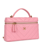 Chanel Sleek Chevron Top Handle Long Vanity Case with Chain Pink Shiny Caviar Gold Hardware - Thumbnail View 2