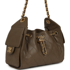 Chanel Mini 25 Hobo Bag Dark Khaki Caviar Antique Gold Hardware