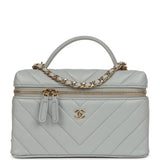 Chanel Chevron Top Handle Long Vanity Case with Chain Grey Shiny Caviar Gold Hardware - Thumbnail View 1