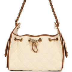 Chanel Mini 25 Hobo Bag Ecru Canvas and Camel Calfskin Gold Hardware