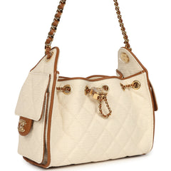 Chanel Mini 25 Hobo Bag Ecru Canvas and Camel Calfskin Gold Hardware