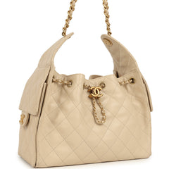 Pre-owned Chanel Small 25 Hobo Bag Beige Caviar Antique Gold Hardware