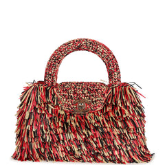 Chanel Small Fringe Kelly Red, Beige, Black Raffia Wood and Light Gold Hardware