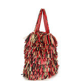 Chanel Small Fringe Kelly Red, Beige, Black Raffia Wood and Light Gold Hardware