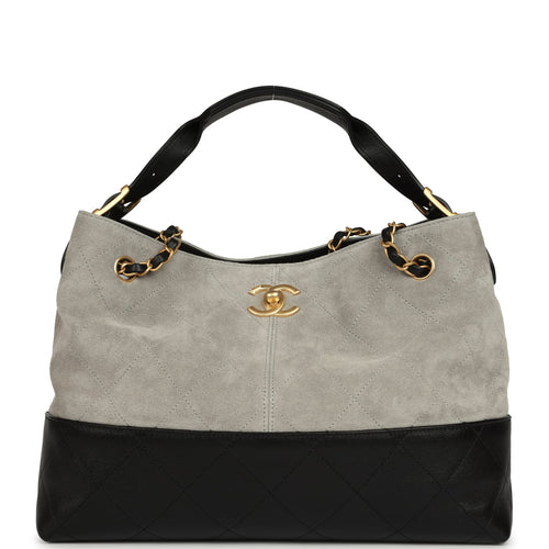 Chanel Small Coco Base Hobo Bag Grey Suede and Black Shiny Lambskin Brushed Gold Hardware