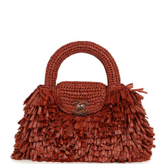Chanel Small Fringe Kelly Dark Red Raffia Wood and Light Gold Hardware