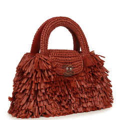 Chanel Small Fringe Kelly Dark Red Raffia Wood and Light Gold Hardware