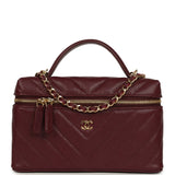 Chanel Chevron Top Handle Long Vanity Case with Chain Dark Burgundy Shiny Caviar Gold Hardware - Thumbnail View 1