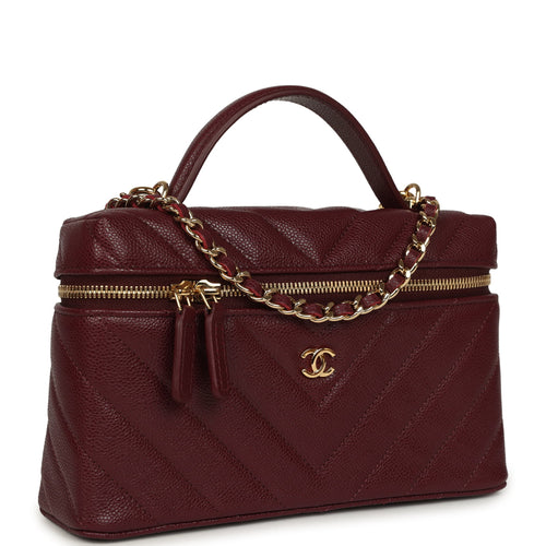 Chanel Chevron Top Handle Long Vanity Case with Chain Dark Burgundy Shiny Caviar Gold Hardware