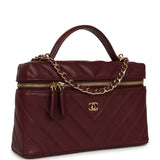 Chanel Chevron Top Handle Long Vanity Case with Chain Dark Burgundy Shiny Caviar Gold Hardware - Thumbnail View 2