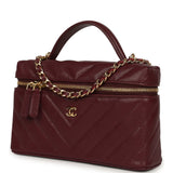 Chanel Chevron Top Handle Long Vanity Case with Chain Dark Burgundy Shiny Caviar Gold Hardware - Thumbnail View 5