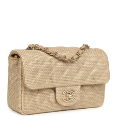 Chanel Mini Rectangular Flap Dark Beige Raffia Light Gold Hardware