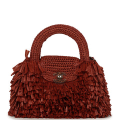 Chanel Small Fringe Kelly Dark Red Raffia Wood and Light Gold Hardware