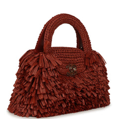 Chanel Small Fringe Kelly Dark Red Raffia Wood and Light Gold Hardware