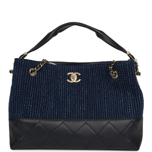 Chanel Small Coco Base Hobo Bag Blue Denim Tweed and Navy Blue Shiny Lambskin Gold Hardware