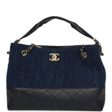 Chanel Small Coco Base Hobo Bag Blue Denim Tweed and Navy Blue Shiny Lambskin Gold Hardware - Thumbnail View 1