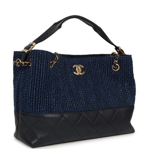 Chanel Small Coco Base Hobo Bag Blue Denim Tweed and Navy Blue Shiny Lambskin Gold Hardware
