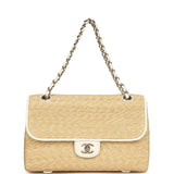 Chanel Large Flap Bag Beige Raffia and White Lambskin Light Gold Hardware - Thumbnail View 7