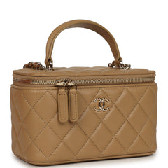 Chanel Small Top Handle Vanity Case Dark Beige Lambskin Light Gold Hardware