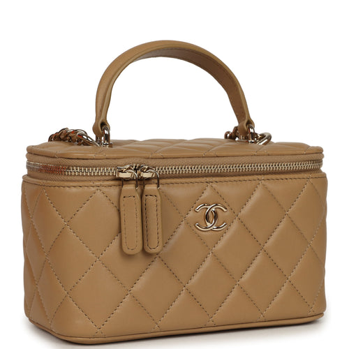 Chanel Small Top Handle Vanity Case Dark Beige Lambskin Light Gold Hardware