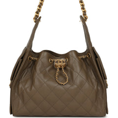 Chanel Small 25 Hobo Bag Dark Khaki Caviar Antique Gold Hardware
