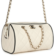 Chanel Mini Timeless Classic Barrel Bag with Chain White and Black Lambskin Light Gold Hardware
