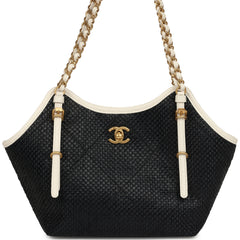 Chanel Small Coco Shopping Bag Black Raffia and White Calfskin Antique Gold Hardware