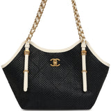 Chanel Small Coco Shopping Bag Black Raffia and White Calfskin Antique Gold Hardware - Thumbnail View 1
