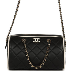 Chanel Mini Timeless Classic Barrel Bag with Chain Black and White Lambskin Light Gold Hardware