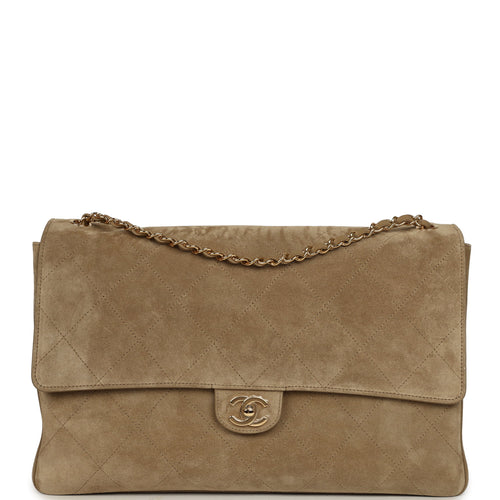 Chanel Maxi "Souplissimo" Large Flap Bag Dark Beige Suede Gold Hardware