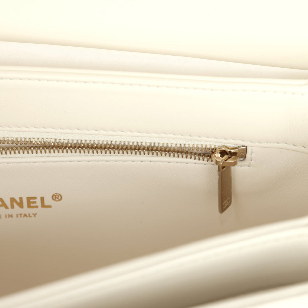 Chanel Large Trendy CC Top Handle Flap Bag White Lambskin Light Gold H