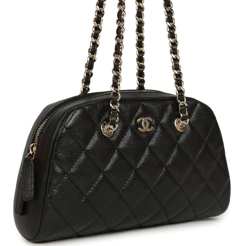 Chanel Mini Bowling Clutch with Chain Straps Black Shiny Caviar Light Gold Hardware