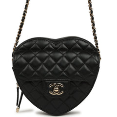 Pre-owned Chanel CC In Love Large Heart Bag with Chain Black Lambskin Light Gold Hardware