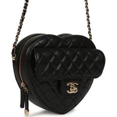 Pre-owned Chanel CC In Love Large Heart Bag with Chain Black Lambskin Light Gold Hardware