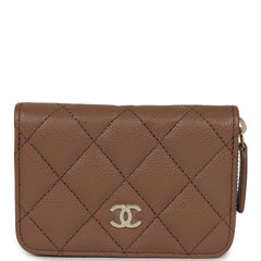 Chanel Classic Zipped Coin Purse Wallet Brown Shiny Caviar Light Gold Hardware