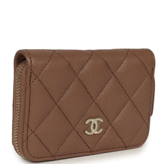 Chanel Classic Zipped Coin Purse Wallet Brown Shiny Caviar Light Gold Hardware