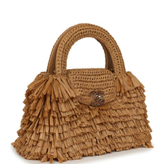 Chanel Small Fringe Kelly Dark Beige Raffia Wood and Light Gold Hardware